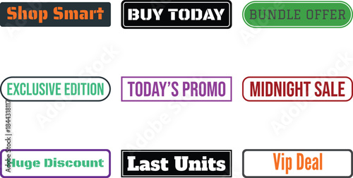 Colorful promotional badges featuring various sale and discount messages on white background