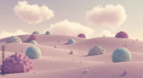 Dreamy Landscape with Pink Sand Dunes and Pastel Clouds Featuring Bushy Plants