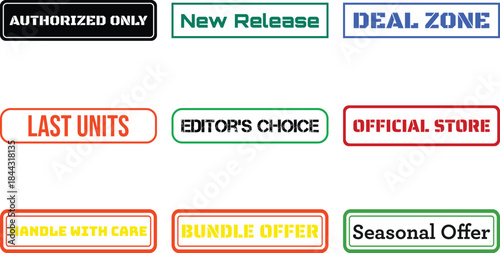 Vibrant badge graphics with textual labels for sales and special offers isolated on white background