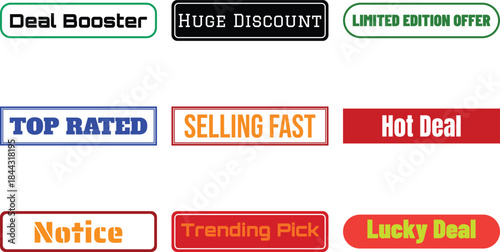 Nine colorful promotional badges featuring bold text designs isolated on white background