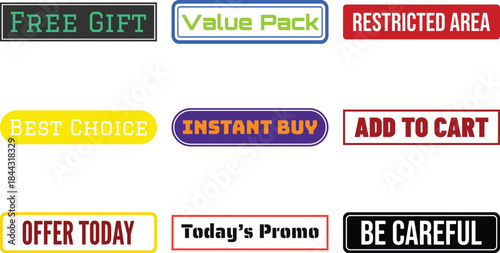 A set of vibrant badge graphics featuring various promotional texts arranged on a white background