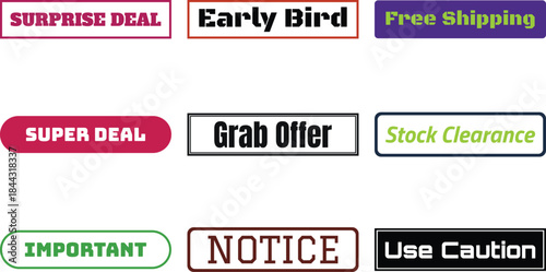Six colorful promotional badges with various texts placed on a white background