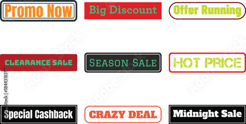 A set of colorful badge designs featuring bold promotional text for sales discounts and special offers