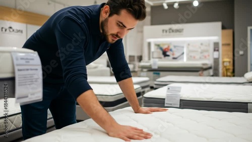 Man feeling a mattress in a store for comfort and quality before purchasing