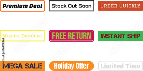 Six colorful promotional badges featuring bold text for deals discounts and offers arranged on a white background