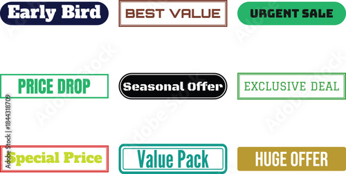 A set of colorful badges with sale and discount messages on a white background