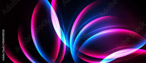 Abstract neon lights form flowing curves. Pink, blue hues blend against dark background. Dynamic energy radiates from shapes.