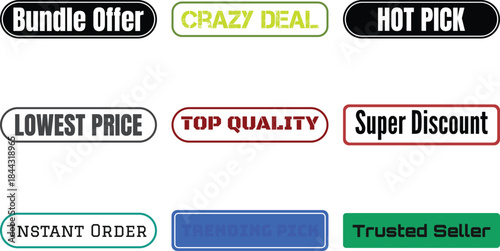 A set of colorful promotional badges with various deal texts displayed on a white background