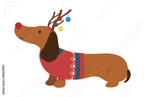 Cute Dachshund Dog Wearing Reindeer Antlers and Ugly Sweater