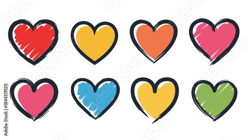 Vibrant collection of hand-drawn scribble hearts, expressing diverse emotions and affection