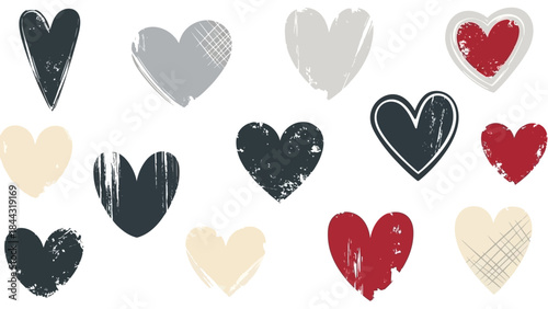 Stylized grunge hearts in various colors and distressed textures, graphic design elements