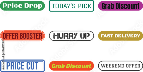 Collection of colorful promotional badges isolated on a transparent background