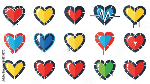 Vibrant stylized hearts icon set with graffiti elements for digital art and UI designs