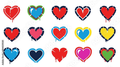 Vibrant Graffiti-Style Heart Illustrations Collection with Spray Paint Effects and Drips