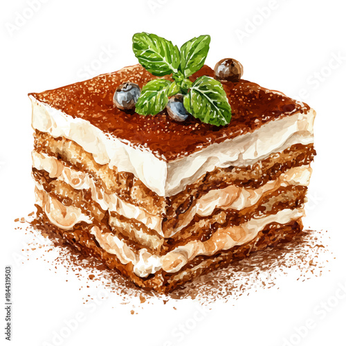 Watercolor vector illustration of Tiramisu Cake, isolated on white background.