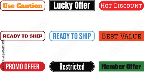 Nine colorful buttons with various promotional texts isolated on transparent background