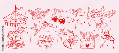 Hand-drawn Valentine illustration set with Cupid angels, bows, hearts, doves, carousel unicorn, love letters, keys and cherries. Romantic vintage sketch style for cards, stickers and holiday designs