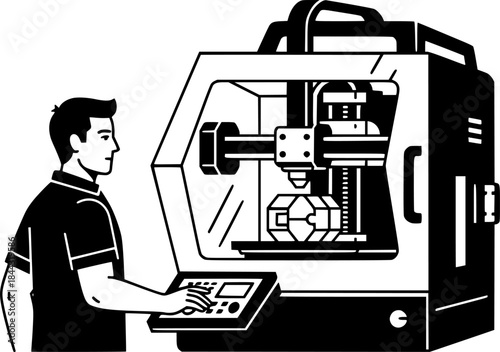 Industrial 3D printing technician man monitoring additive manufacturing process vector icon
