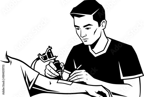 Tattoo artist man working with machine on client arm vector icon
