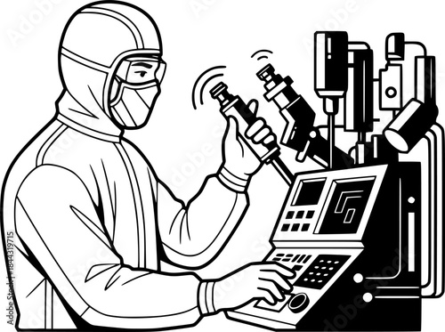 Bioengineer man in sterile suit working with technology in lab vector icon
