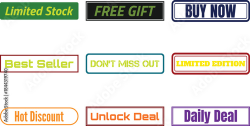 Collection of nine colorful promotional labels and stickers on a white background