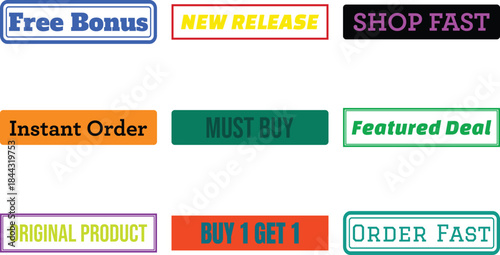 collection of colorful promotional labels on white background