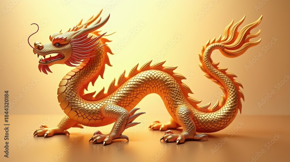 Obraz premium Golden Chinese Dragon Statue on a Warm Yellow Gradient Background, happy Chinese new year , Korean decoration Red 