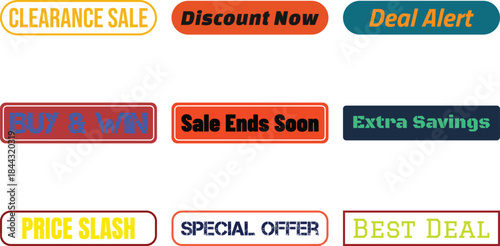 Bright colorful graphic badges featuring various sale and discount messages isolated on white background