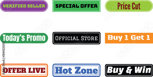 collection of promotional stickers on white background
