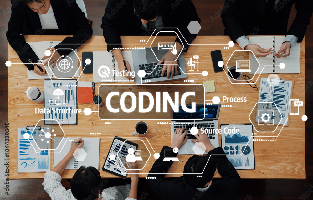 Obraz premium A diverse team engages in a coding and testing meeting, surrounded by data analysis and workflow charts, fostering collaboration and innovation in a modern office setting. Amity