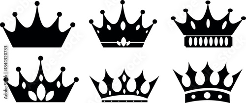 Six black crown vectors show varied styles and regal designs on a transparent background