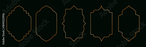 Arabic golden windows. Luxury islamic geometric frames with oriental mosque doors, modern ramadan kareem shiny frame design, retro oriental ornate borders. Vector set