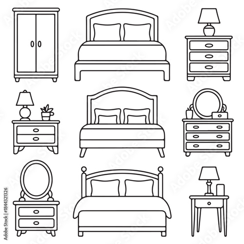 Modern Bedroom Interior Furniture Outline Icons