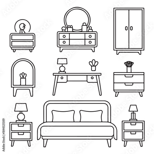 Bedside Furniture Icons with Lamp and Drawer