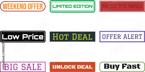 Nine colorful buttons with various sales messages isolated on transparent background