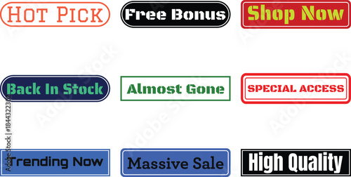 Collection of promotional badge labels with various phrases isolated on a transparent background