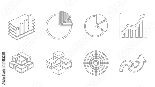Collection of isometric outline icons representing business data analysis charts graphs targets and growth concepts clearly displayed