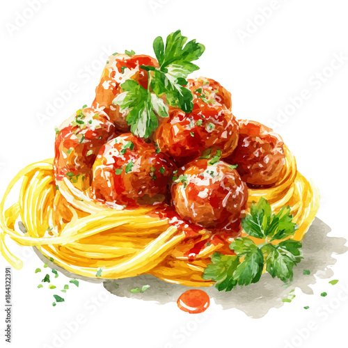 Meatballs And Spaghetti in watercolor painting style, vector illustration on white background.