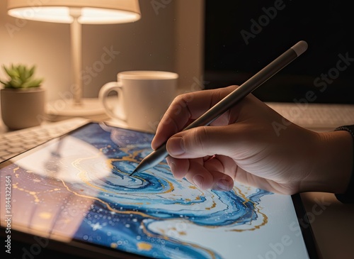 Close up of a hand holding a stylus drawing on a digital tablet with a marbled blue and gold abstract design illuminated by warm lamp light