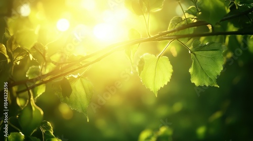 Branches with green leaves and bright sunlight