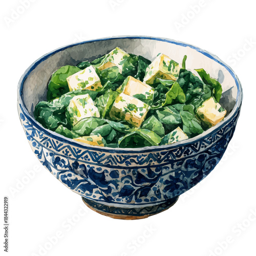 Watercolor-style vector illustration of Saag Paneer, isolated on a clean white background.