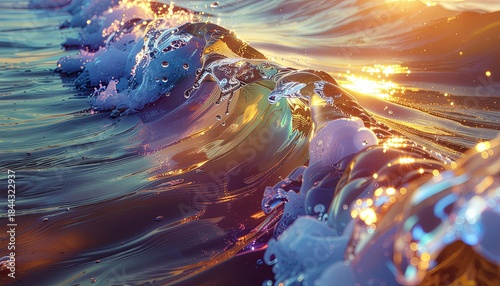 Fototapeta Naklejka Na Ścianę i Meble -  Golden Hour Sunlight Reflects On Ocean Waves Creating A Mesmerizing Display Of Light And Water In A Serene Coastal Setting