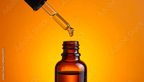 Close-up of a glass pipette dropper dispensing golden liquid into an amber cosmetic bottle on an orange background