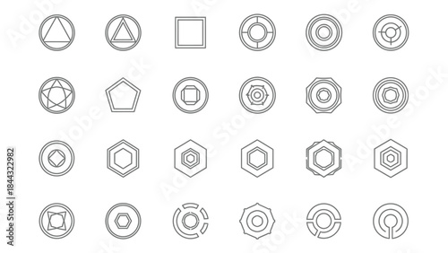 Collection of abstract geometric line art icons featuring circles squares triangles pentagons and complex layered shapes