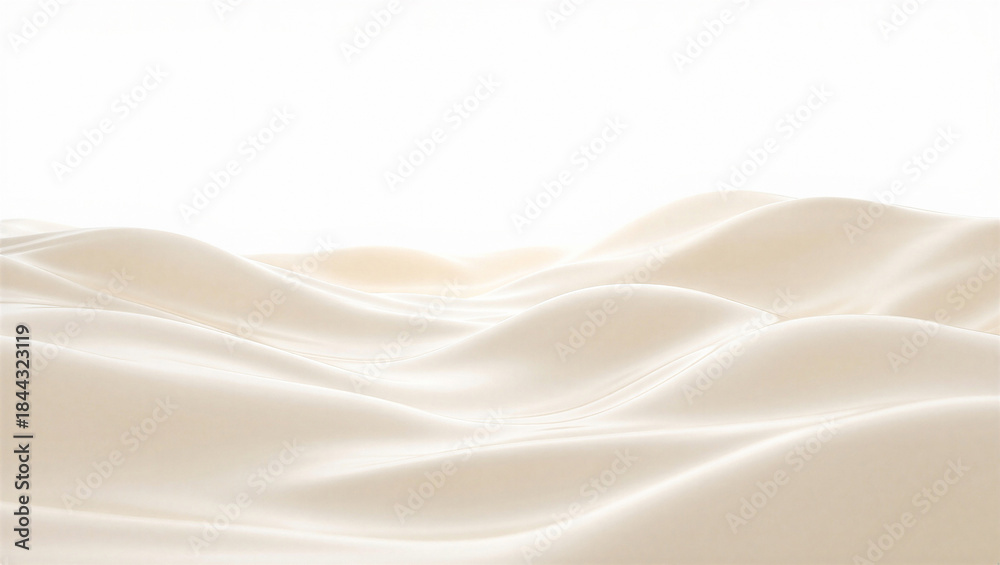 Fototapeta premium Smooth beige silk fabric with flowing waves and folds on white background
