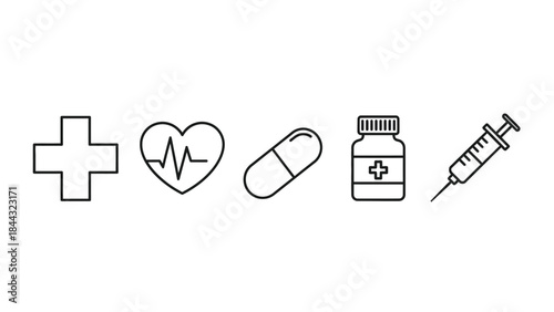 Simple black and white line icons representing essential medical care including a cross heart pill bottle and syringe for health concepts