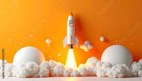 White and orange rocket launching with fiery thrust and clouds on an orange background, symbolizing business startup and success.