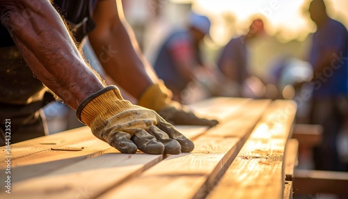 Close-up of worker's gloved hand on wood planks at a construction site with warm sunlight