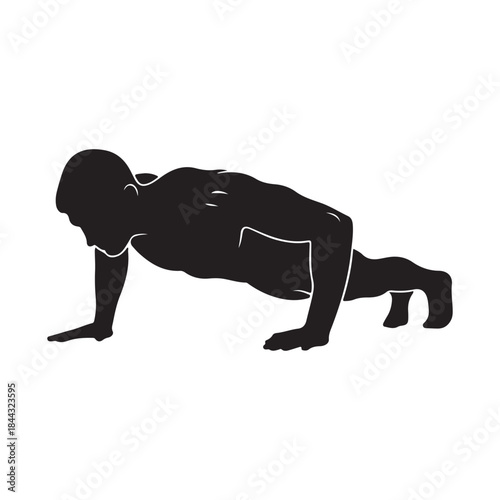 A strong male silhouette performing a push-up exercise for fitness and strength isolated on white background, Vector