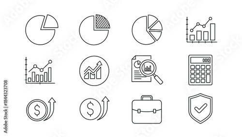 Collection of twelve black outline icons representing finance data analysis business growth and security concepts clearly displayed